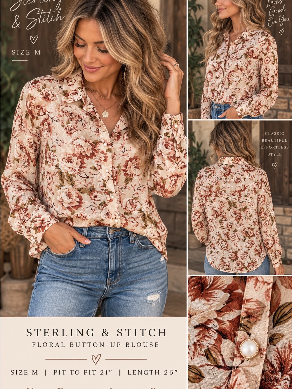 Sterling & Stitch Cream Floral Button-Up Blouse
